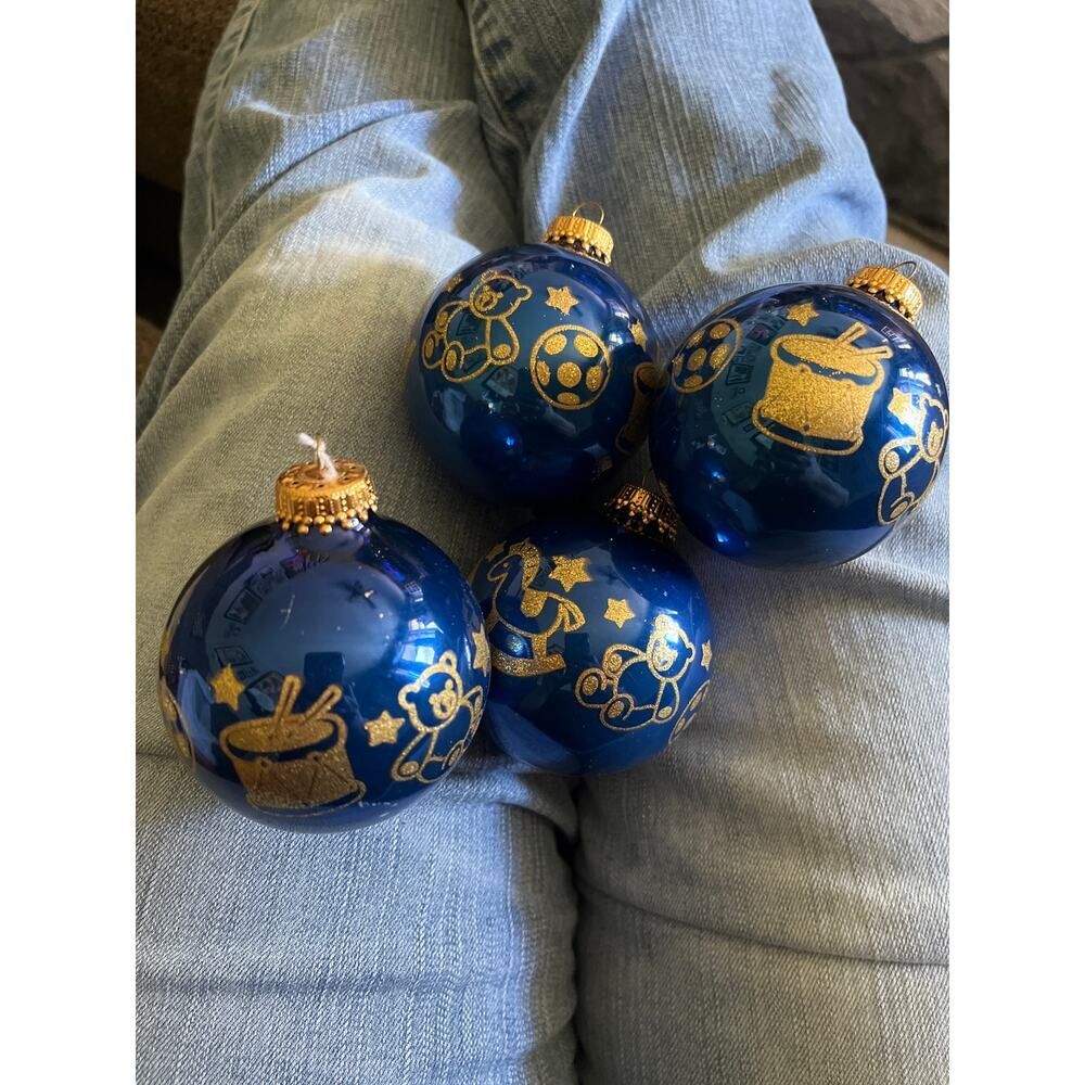 Rare! Vintage Christmas by Krebs Royal Blue Gold Glitter Children's Toys Set/4